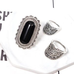 *NIA* 3-Pc Silver x Black Design Fashion Ring Set